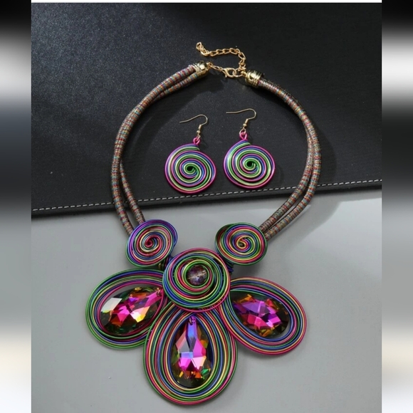 Huge statement necklace earrings rhinestones wire colorful NEW - Picture 8 of 14